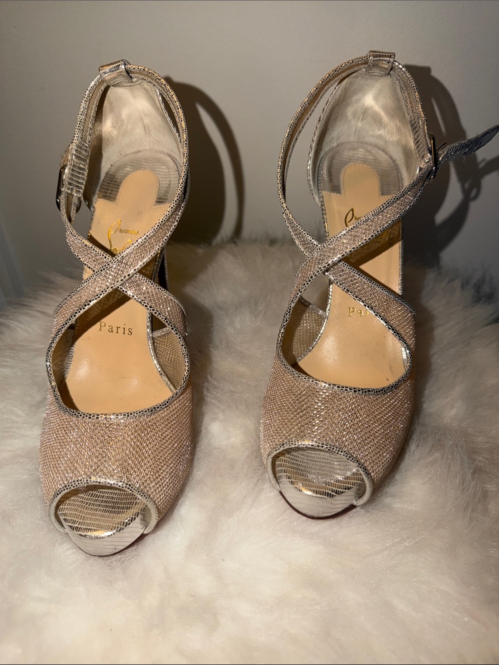 Christian Louboutin Beige/Nude Sparkle Crisscross Peep-Toe Heels
